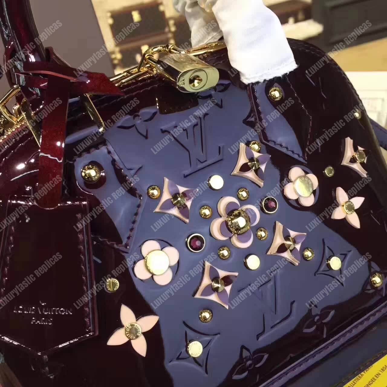 LV Alma BB Tote Bag Monogram Vernis Amarante