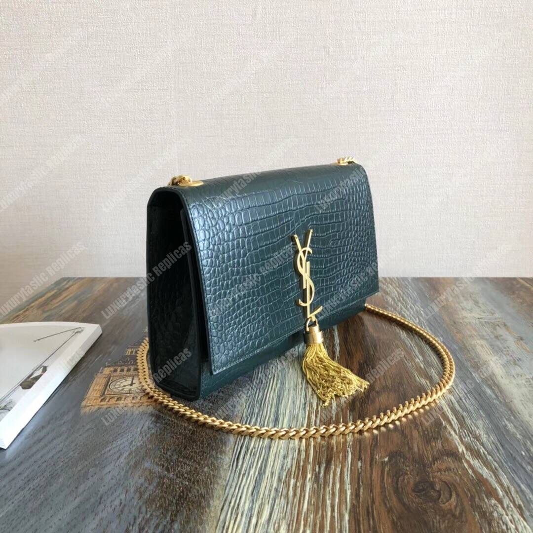 Saint Laurent Medium Kate Tassel Chain Bag Dark Green Crocodile