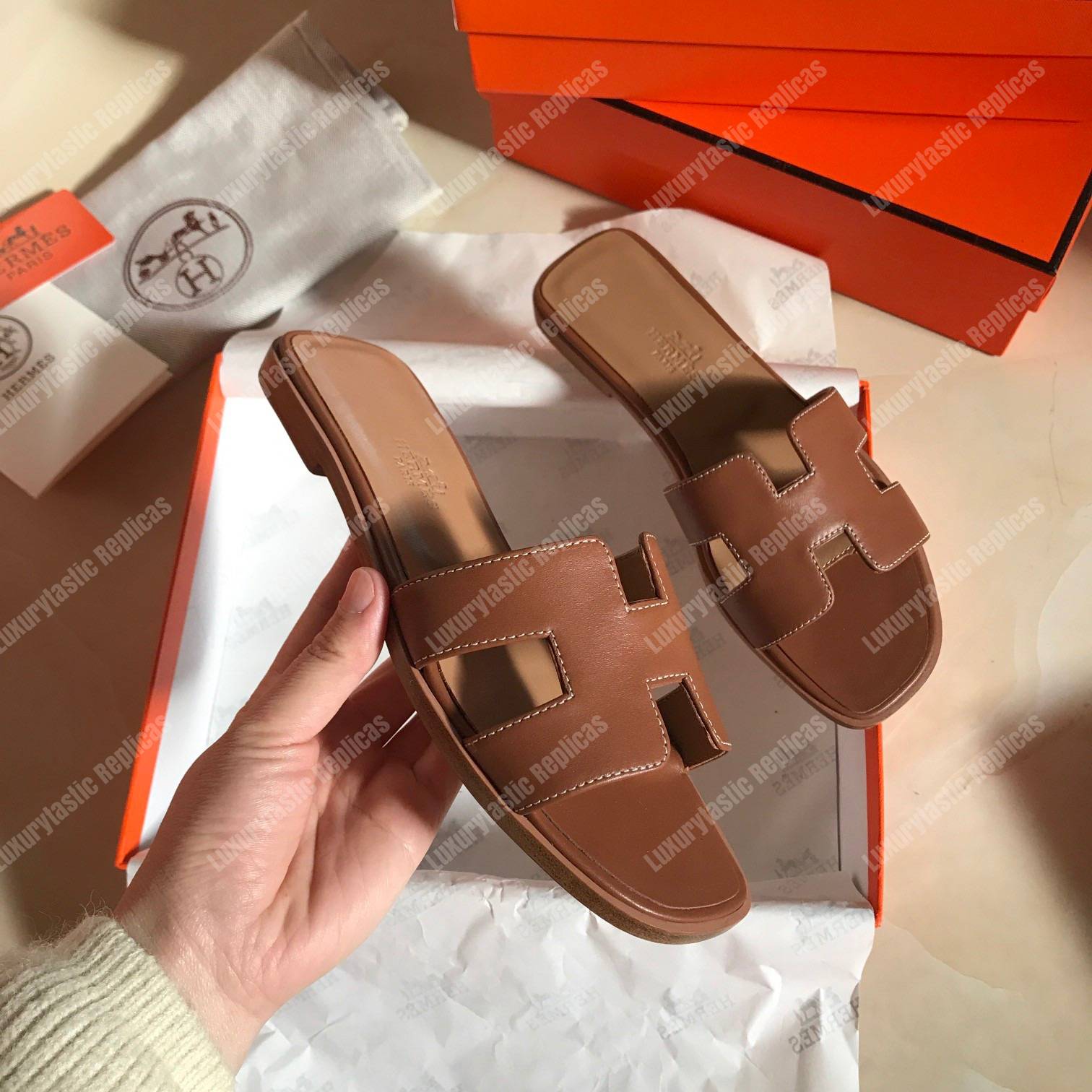 H**mes oran sandal calfskin leather chocolate brown