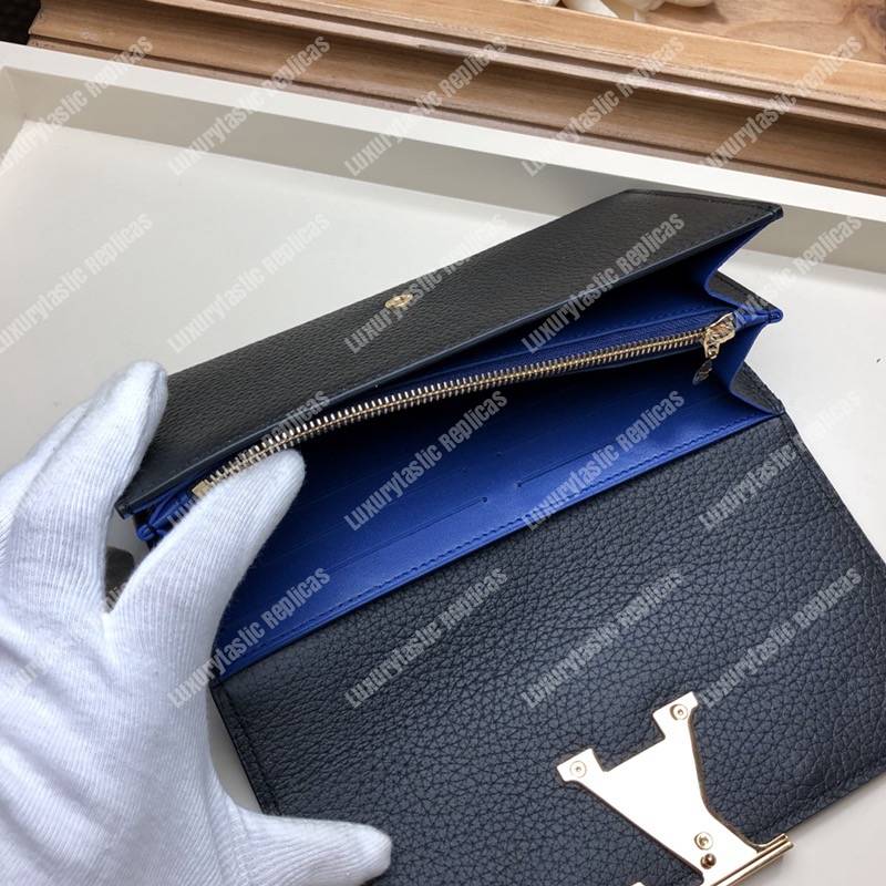 LV Capucines Wallet Taurillon Noir Leather Monogram Blue Flowers