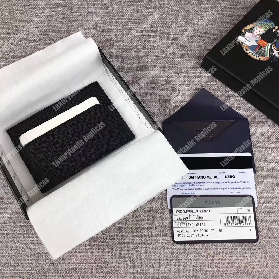 Pra*a saffiano leather card holder metal logo black