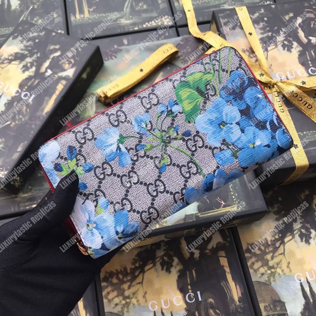 G*u*i gg blue blooms sup*e zip around wallet antique rose
