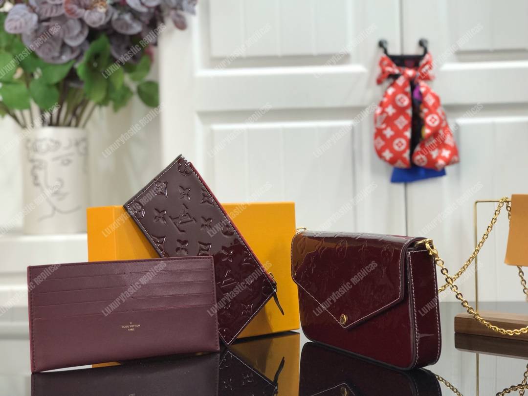 LV Pochette Felicie Monogram Vernis Leather Amarante