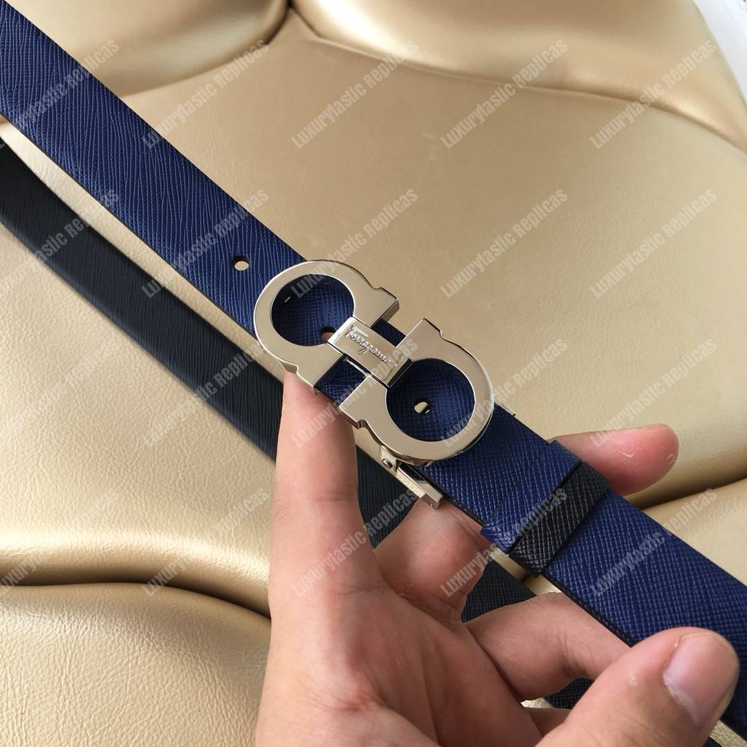 Salvatore Ferragamo Adjustable and Reversible Gancini Belt Blue / Black