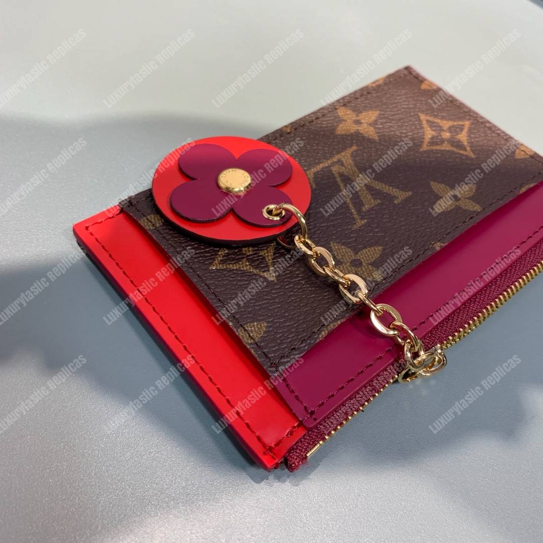 LV Zipped Card Holder Monogram canvas with colorful grained-leather trim Rose Ballerine Red