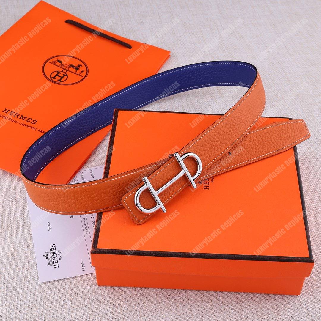 H**mes gamma belt buckle sellier reversible leather strap orange / blue