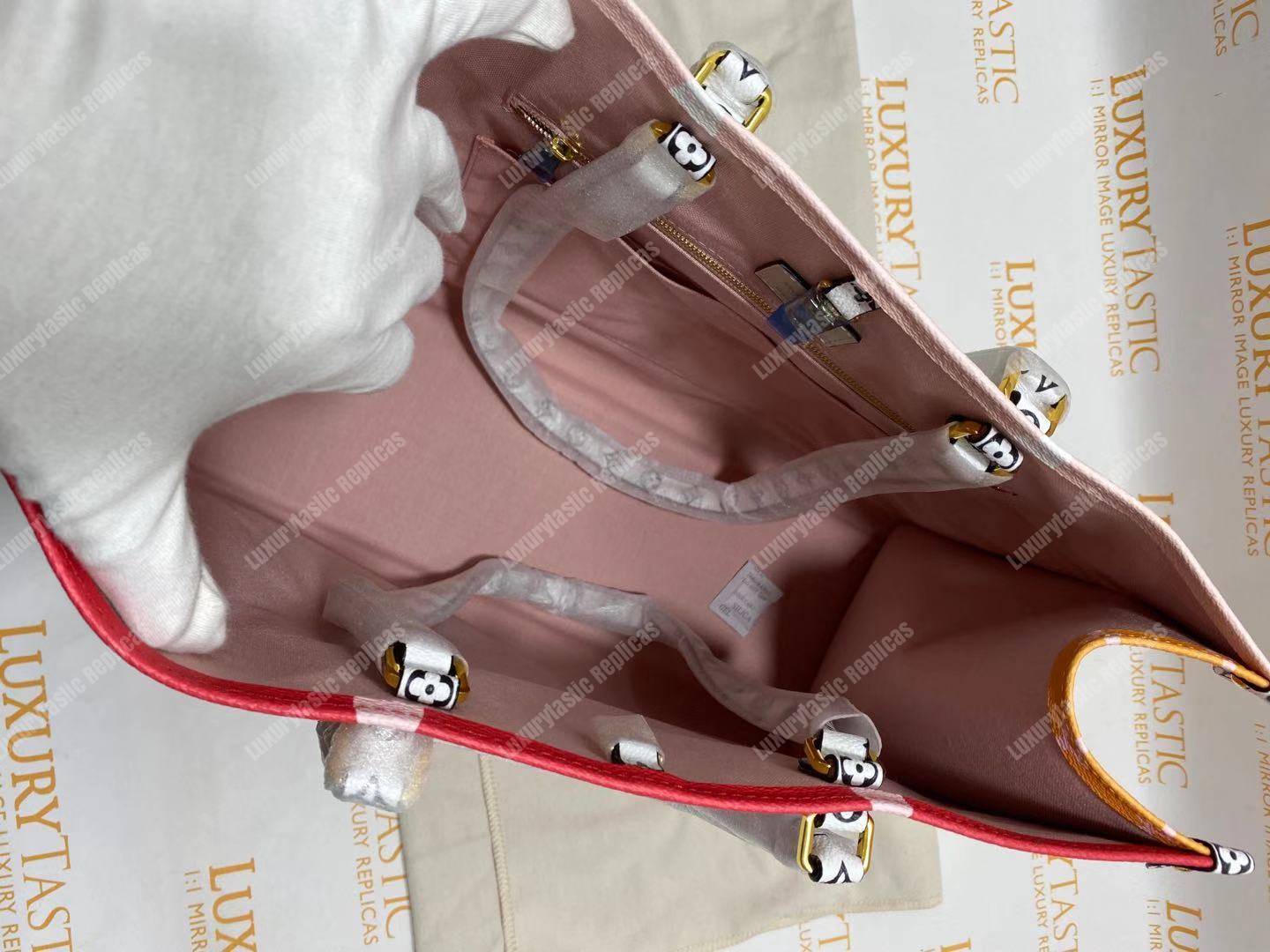 LV Onthego Monogram Toron Handle Rouge Tote Bag GM