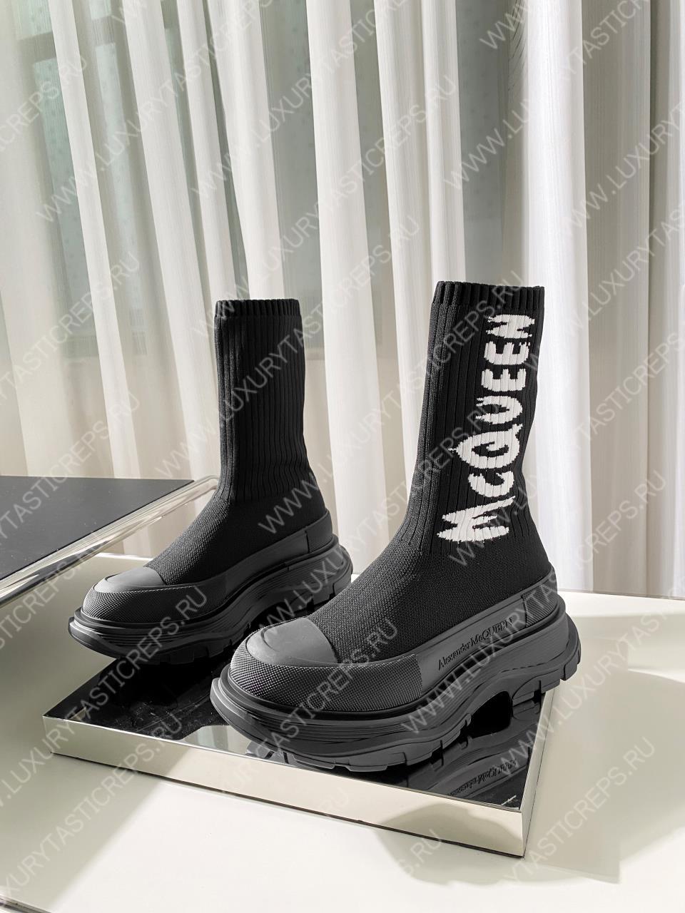 ALEXANDER MCQUEEN GRAFFITI KNIT TREAD SLICK BOOT BLACK 705671W4TV19787