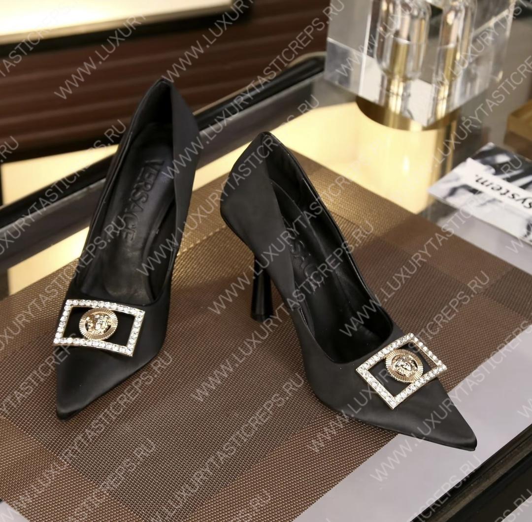VERSACE SATIN LA MEDUSA PUMPS 110 BLACK 1001207
