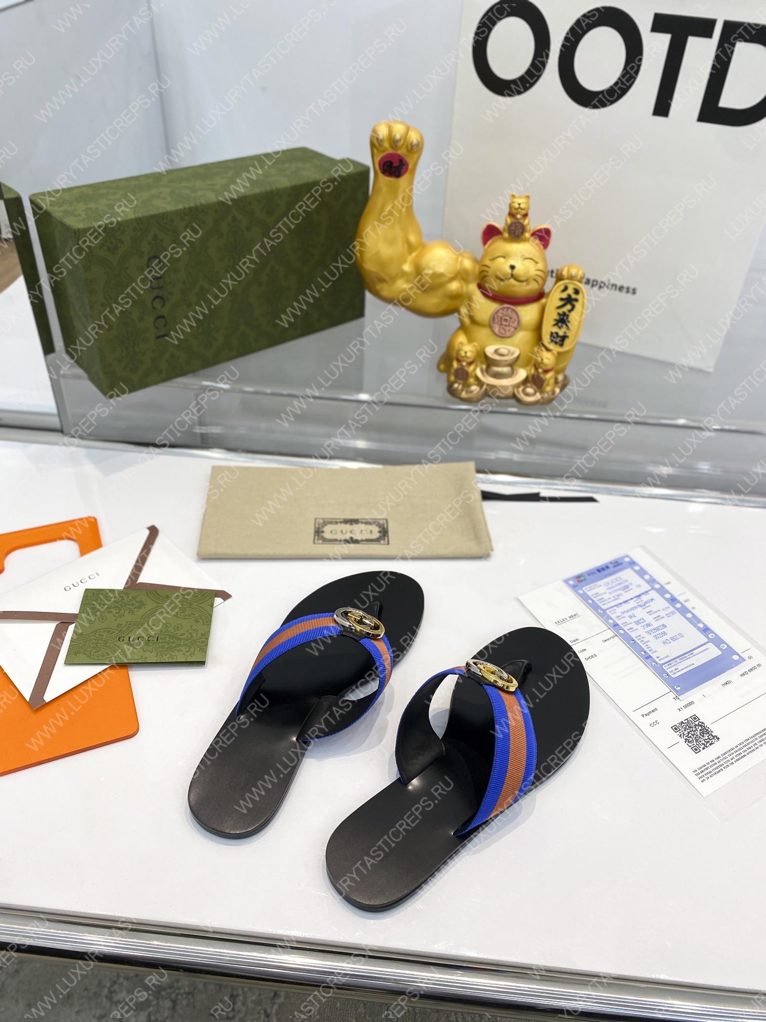 G*u*i leather thong sandal with double g brown and blue 497444