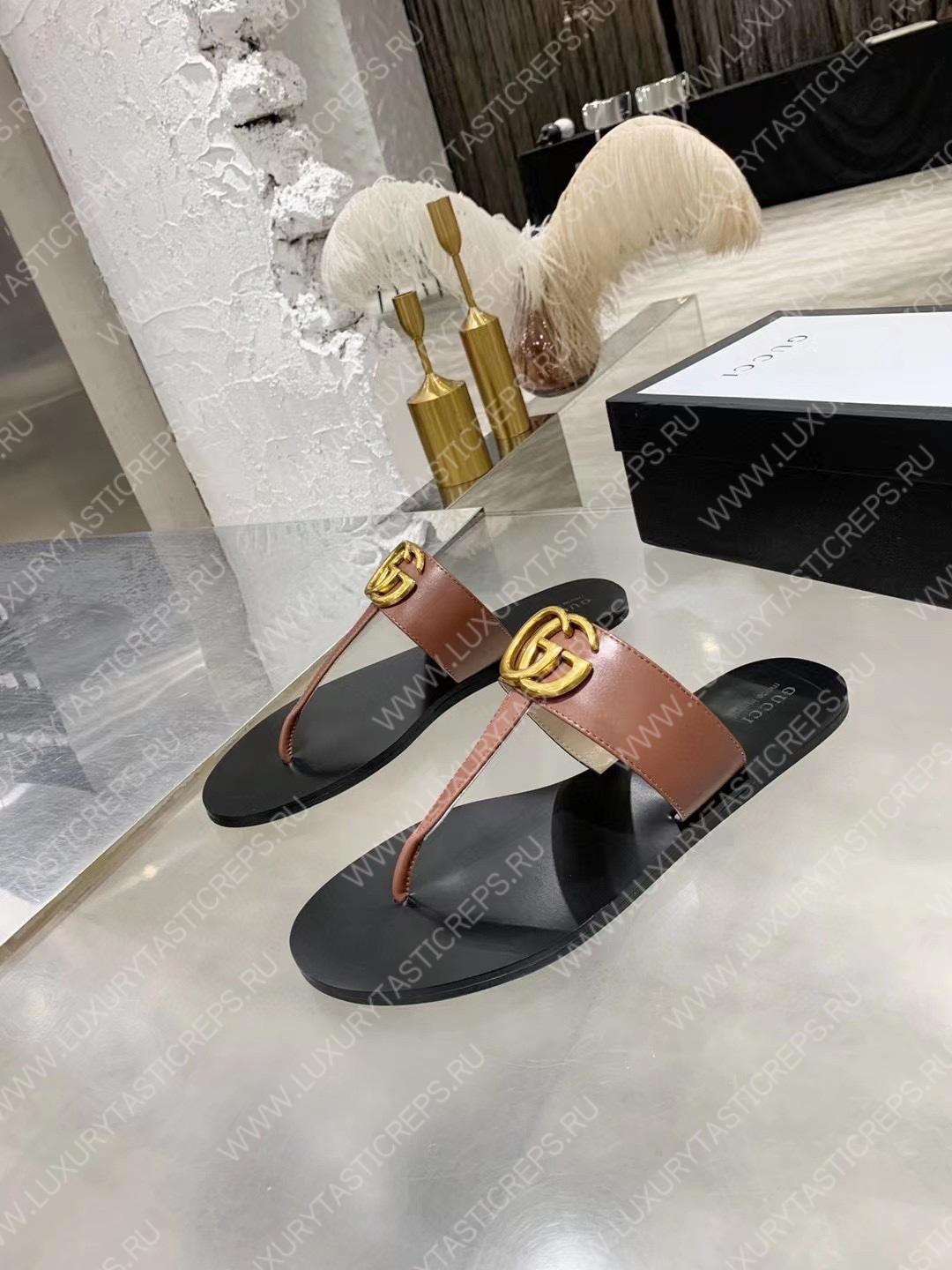 G*u*i leather thong sandal with double g brown 497444