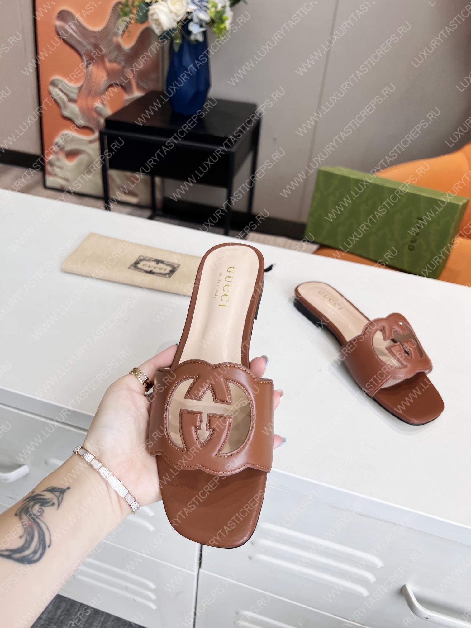 G*u*i interlocking g cut-out slide sandal brown 694451