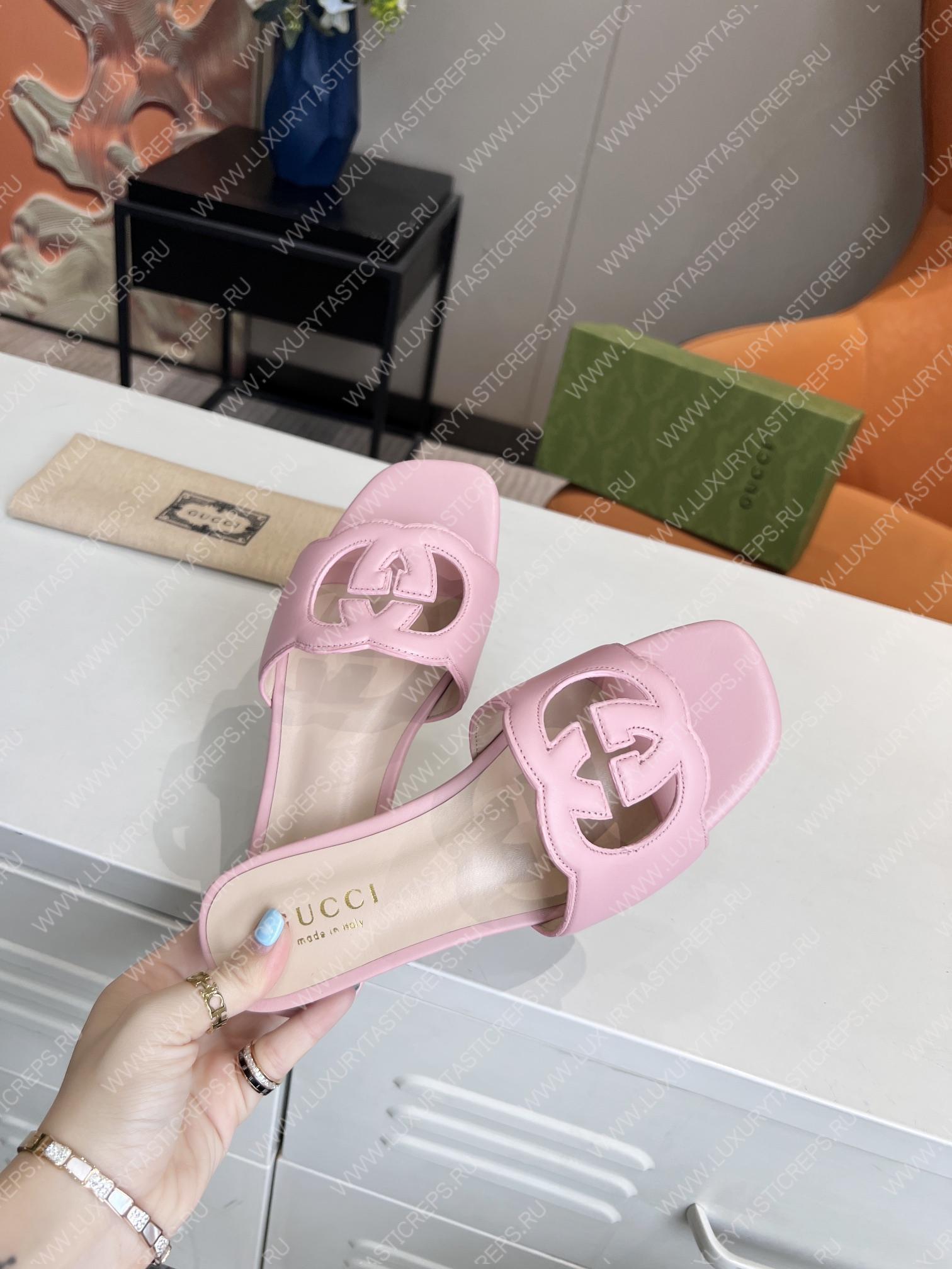 G*u*i interlocking g cut-out slide sandal baby pink 694451