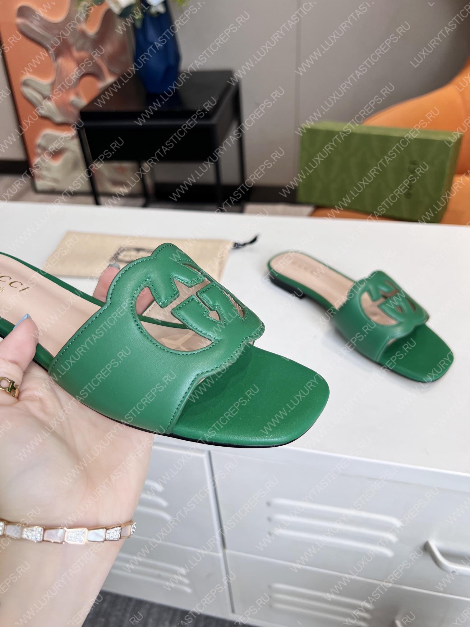 G*u*i interlocking g cut-out slide sandal green 694451