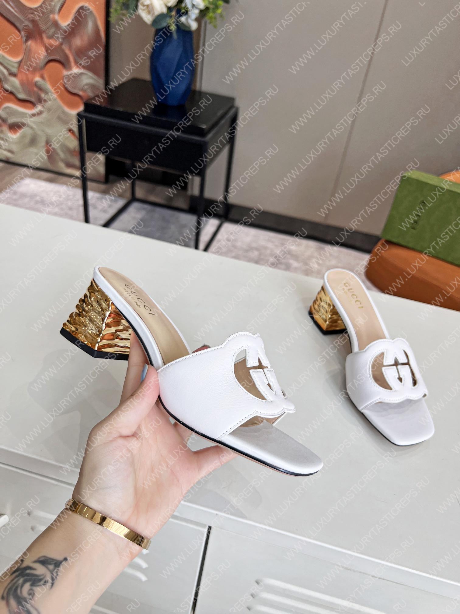 G*u*i interlocking g cut-out heeled slide sandal white 694451