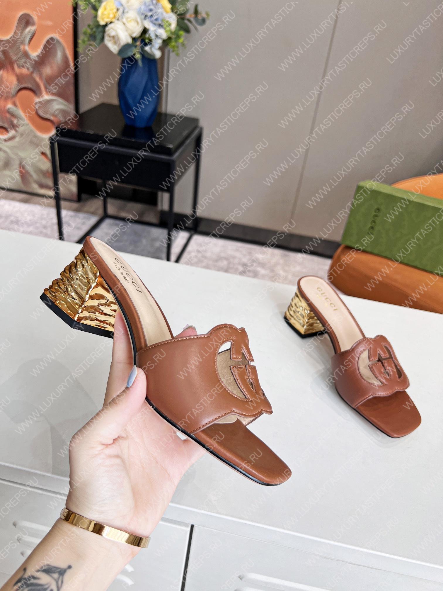 G*u*i interlocking g cut-out heeled slide sandal brown 694451