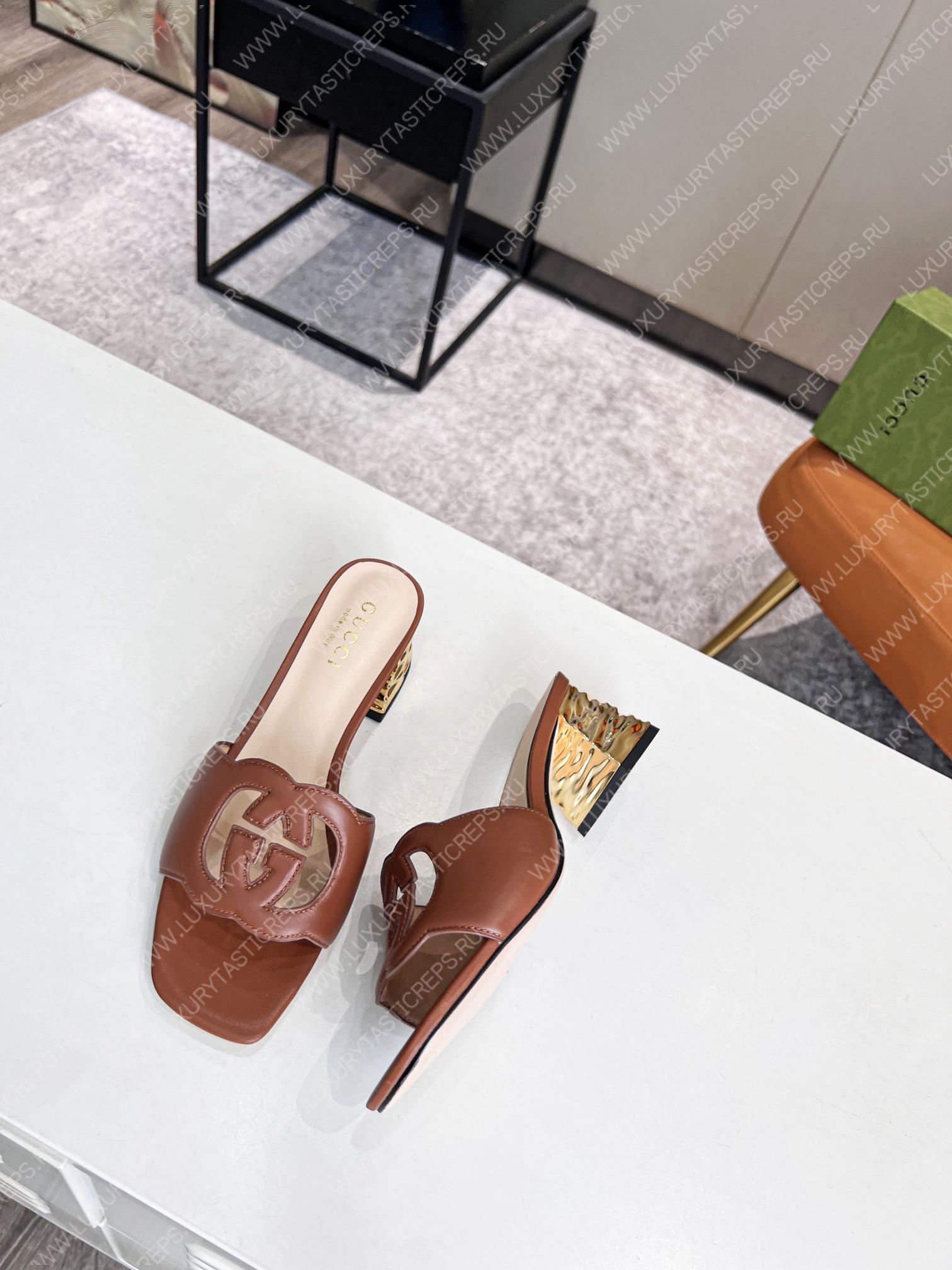 G*u*i interlocking g cut-out heeled slide sandal brown 694451