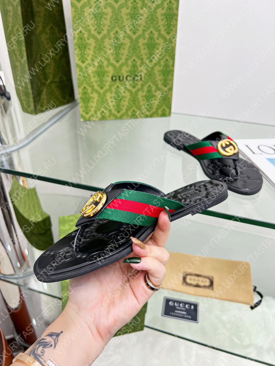 G*u*i gg thong web sandal green, red and black 612138