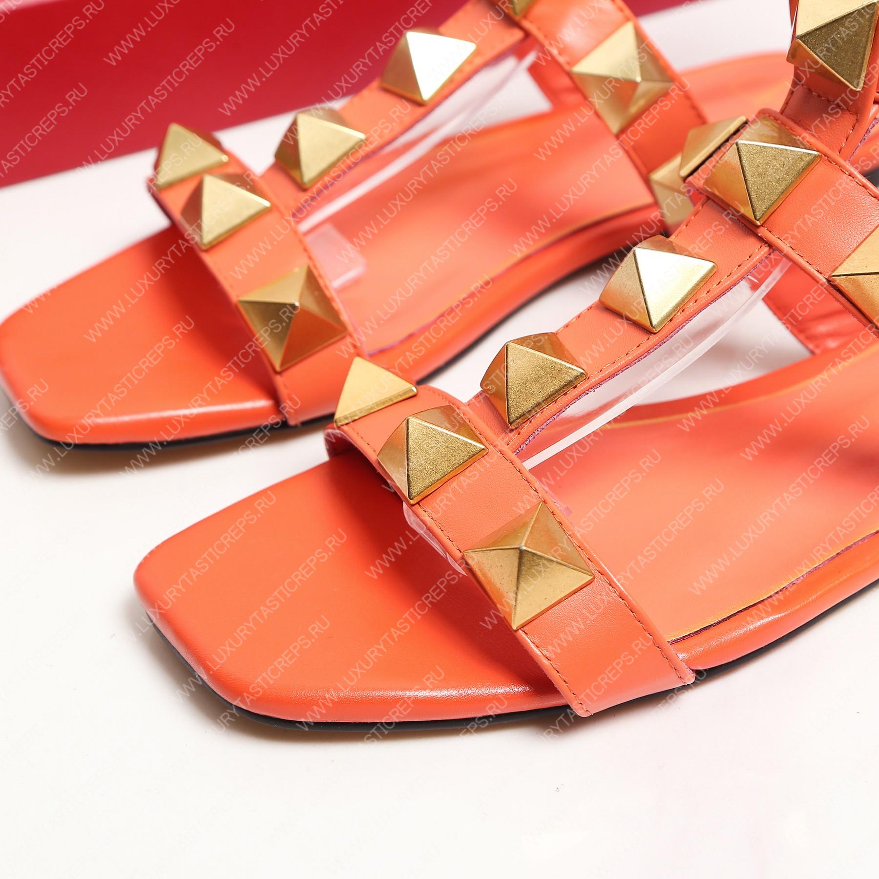 VALENTINO ROMAN STUD FLAT CALFSKIN SANDAL ORANGE 1W2S0BU8ZWM