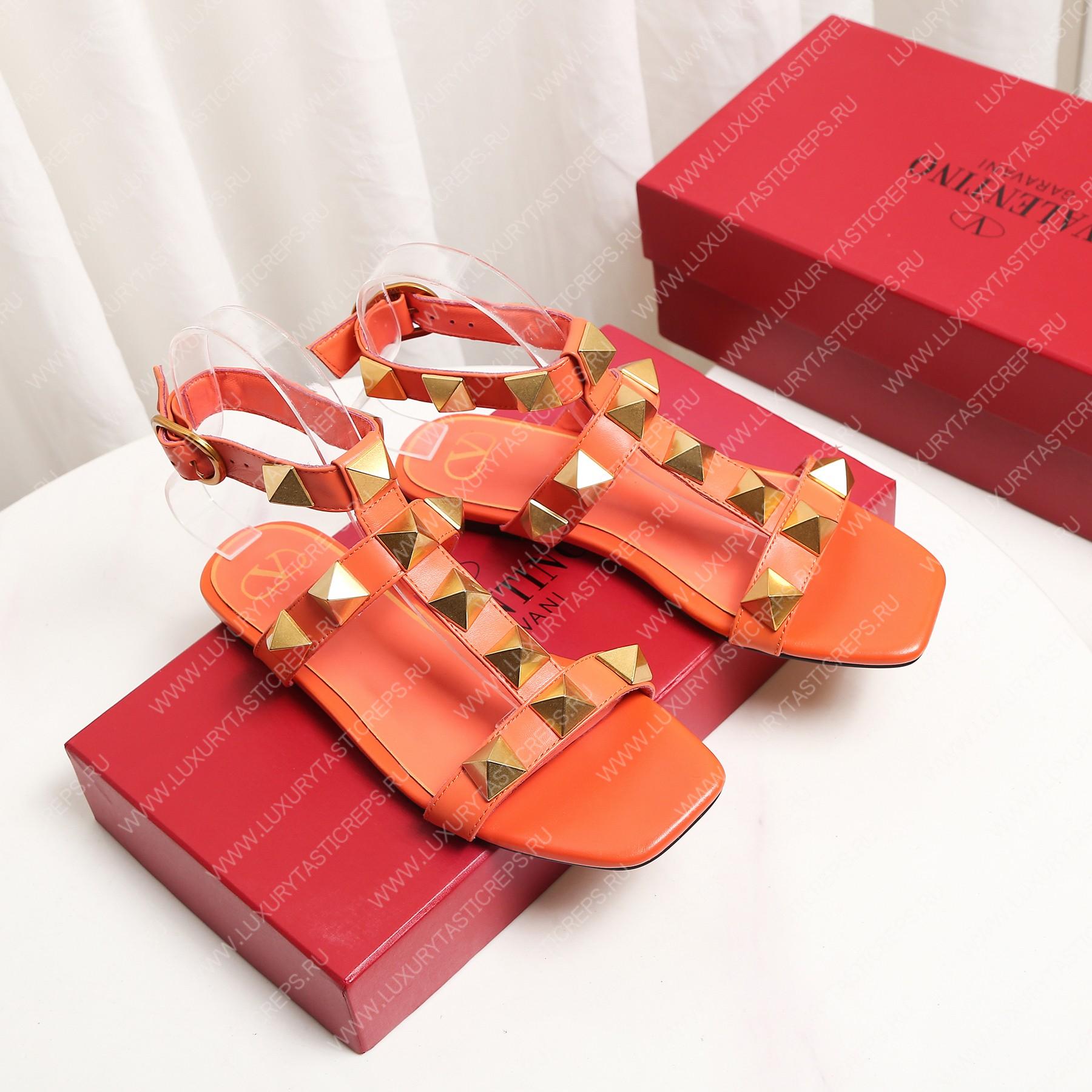 VALENTINO ROMAN STUD FLAT CALFSKIN SANDAL ORANGE 1W2S0BU8ZWM