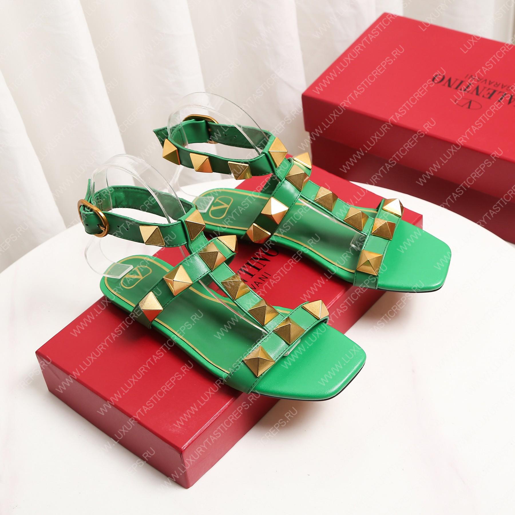 VALENTINO ROMAN STUD FLAT CALFSKIN SANDAL GREEN 1W2S0BU8ZWM