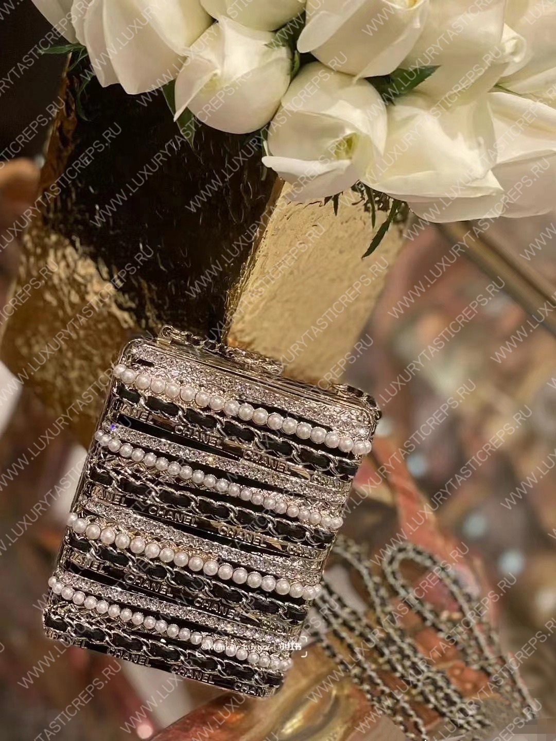 Ch*el small evening bag strass imitation pearls gold black white as3528