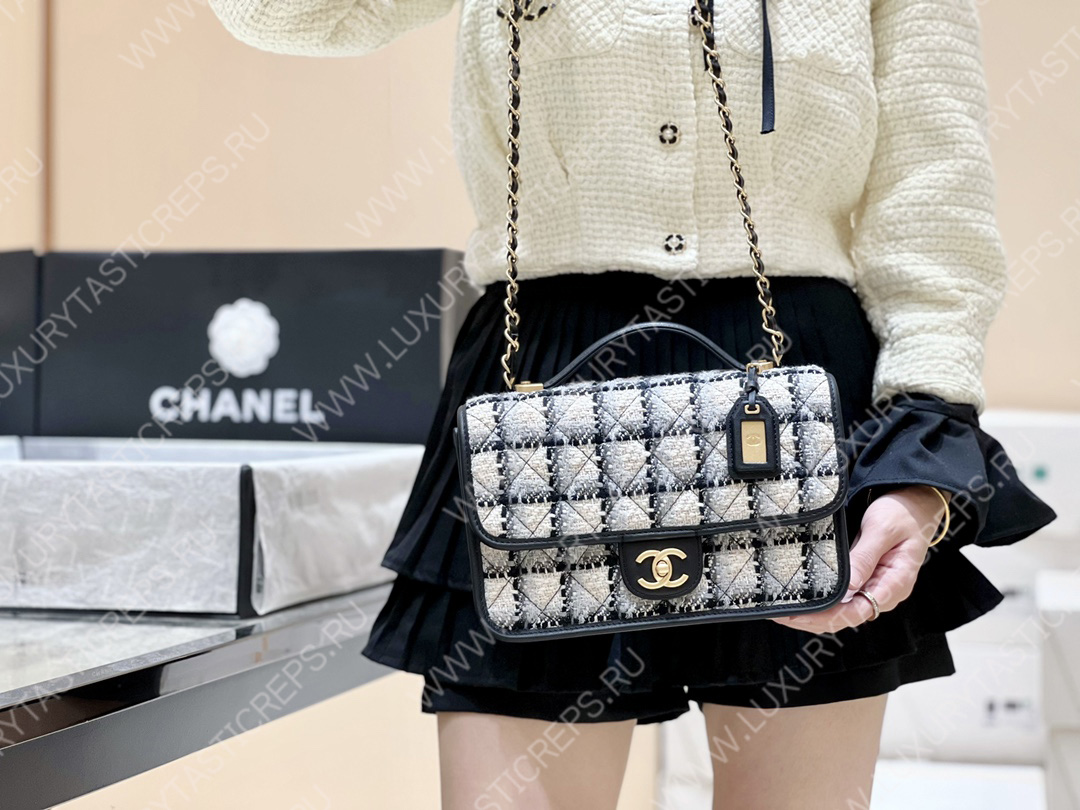 Ch*el small flap bag with top handle ecru, gray, beige & black as3653