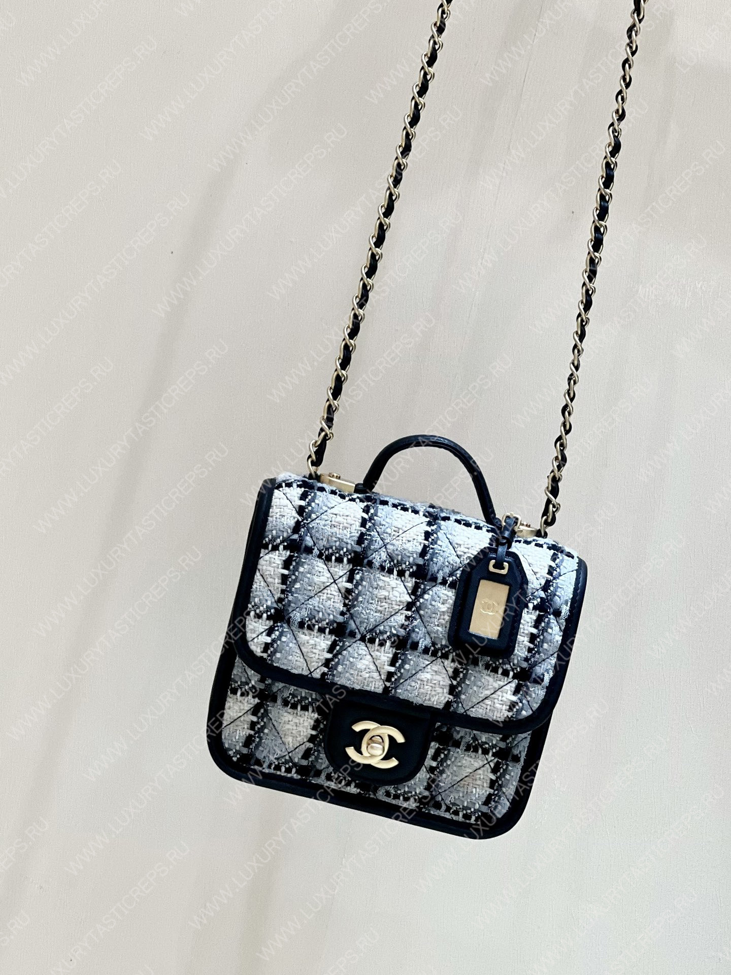 Ch*el small flap bag with top handle ecru, gray, beige & black as3652