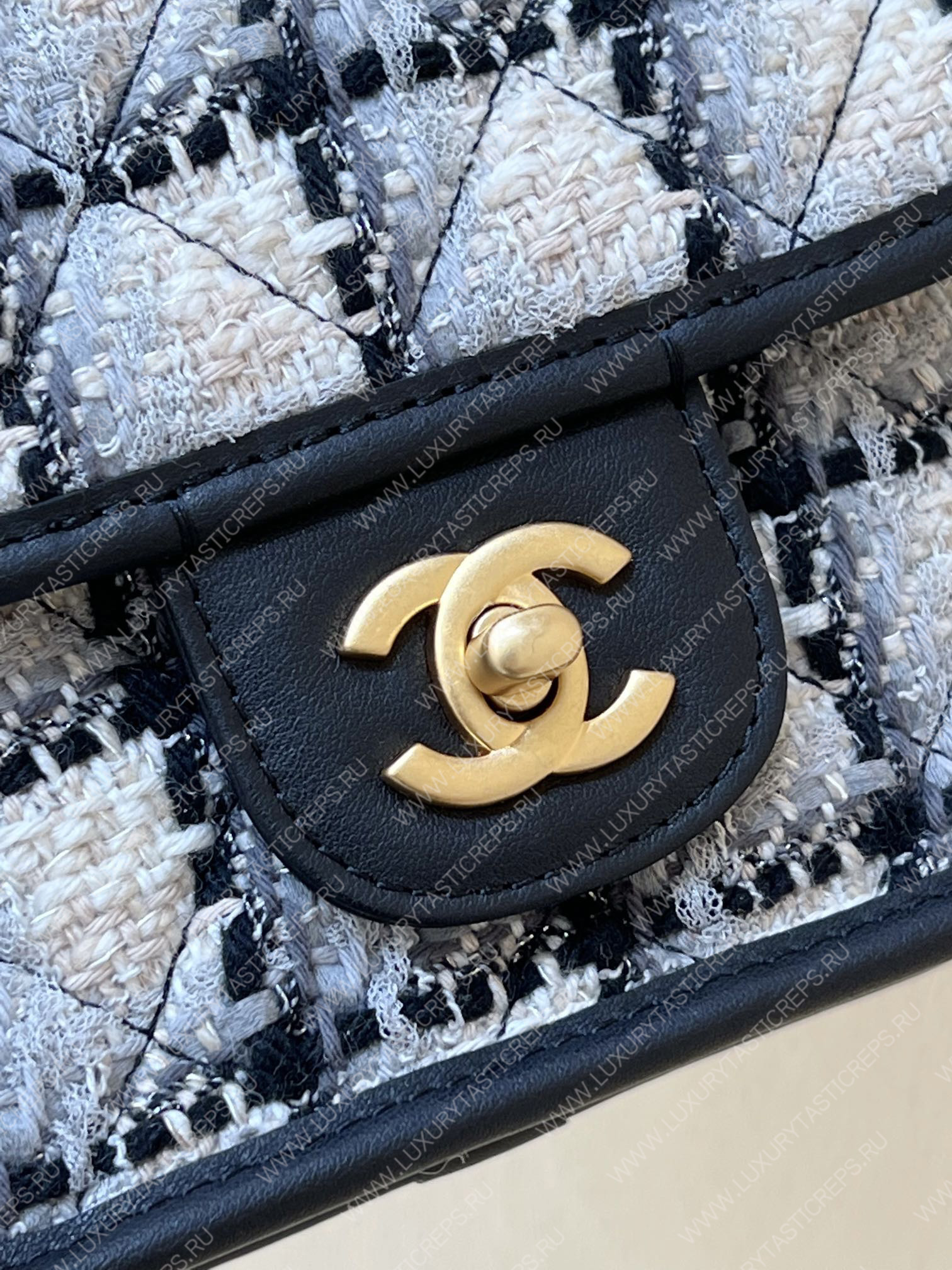 Ch*el small flap bag with top handle ecru, gray, beige & black as3652