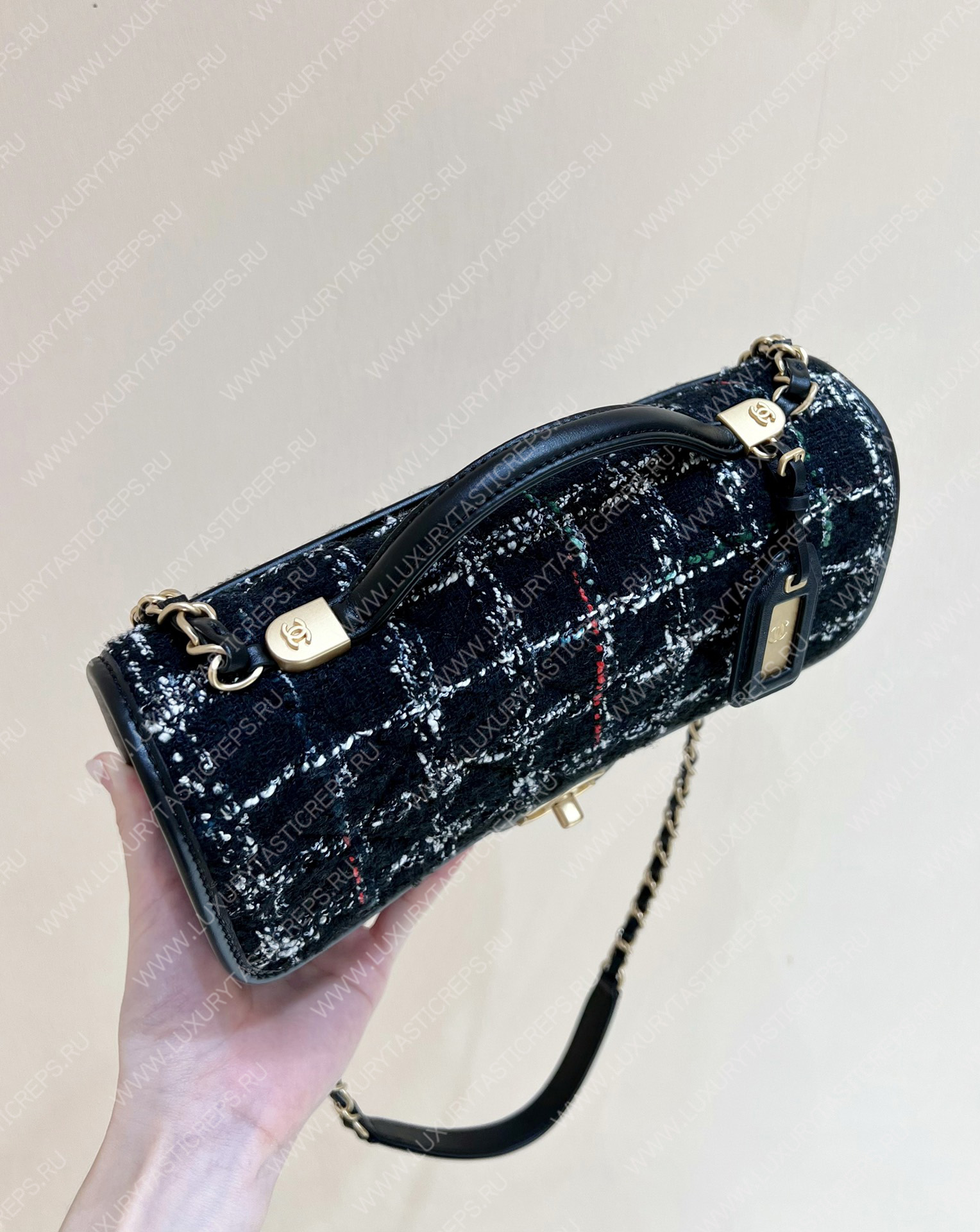 Ch*el small flap bag with top handle black, white & multicolor as3653