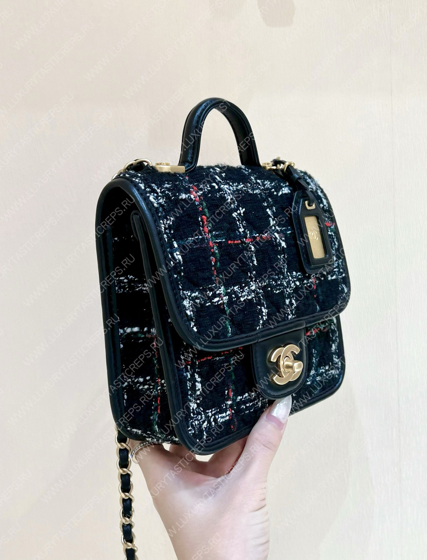 Ch*el mini flap bag with top handle black, white & multicolor as3652