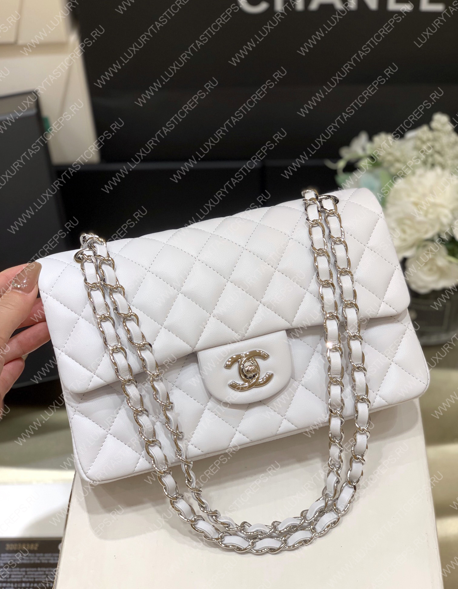 Ch*el small classic handbag bag white a01113