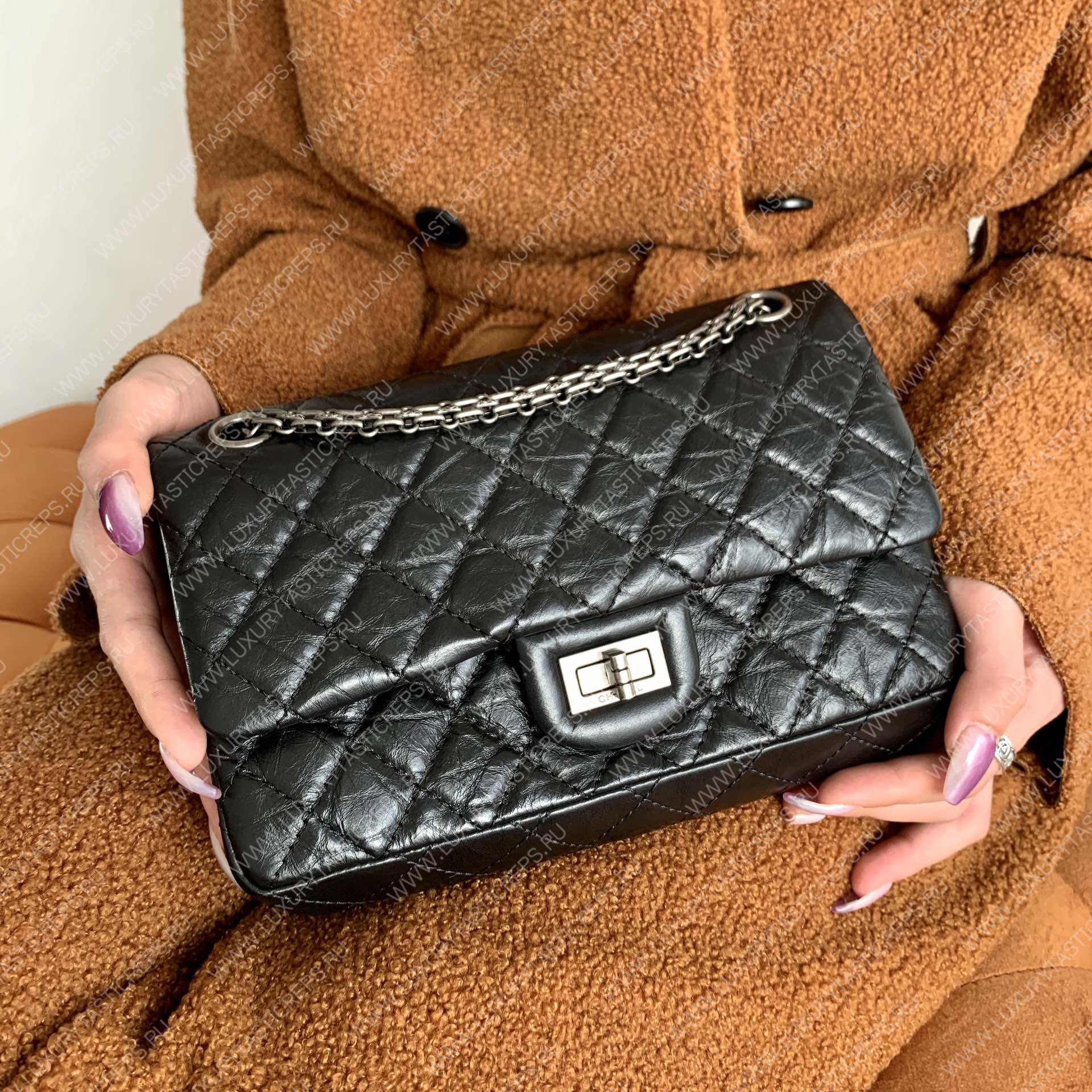 Ch*el 2.55 reissue handbag black silver chain a37586
