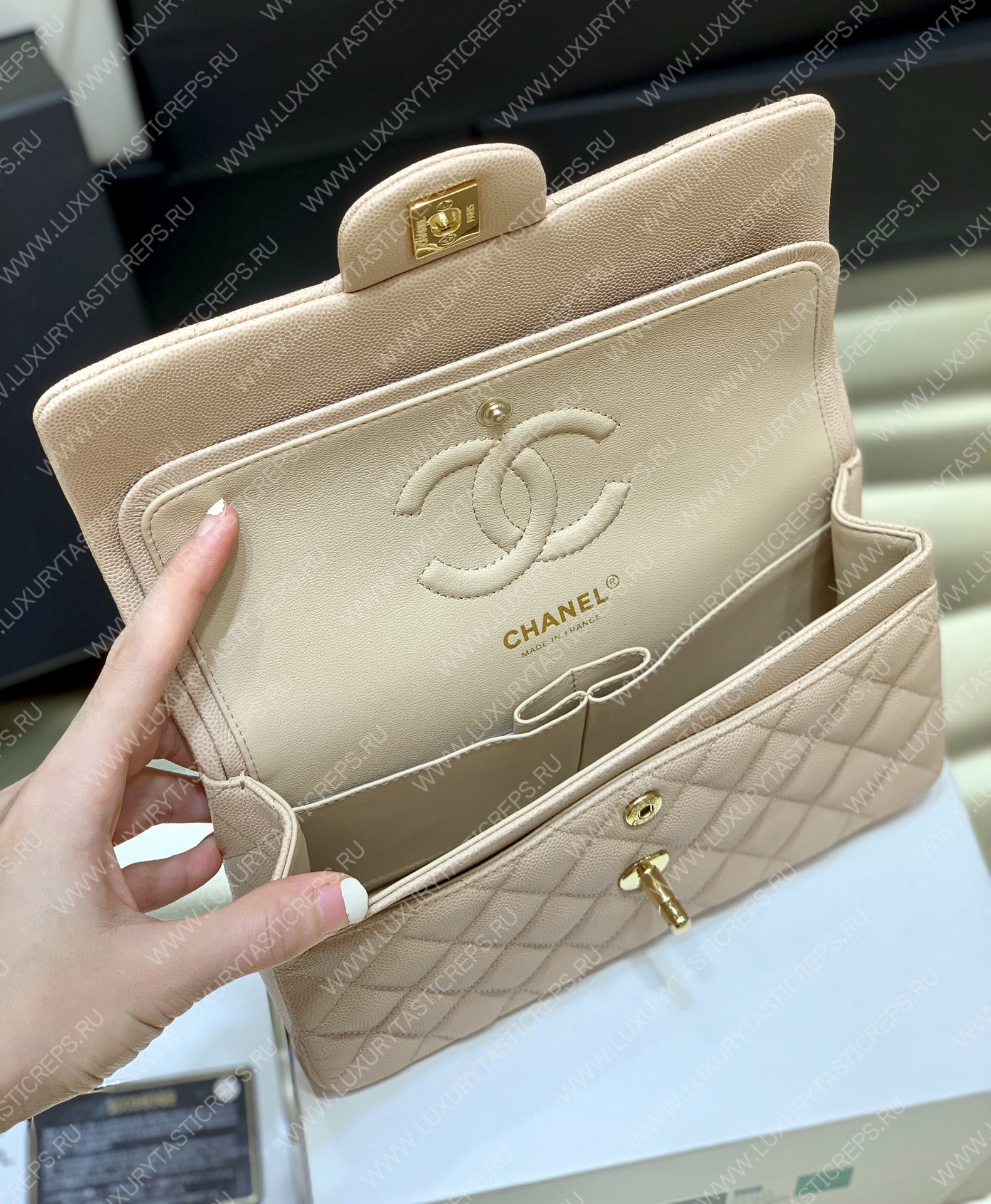 Ch*el small classic handbag bag beige a01113