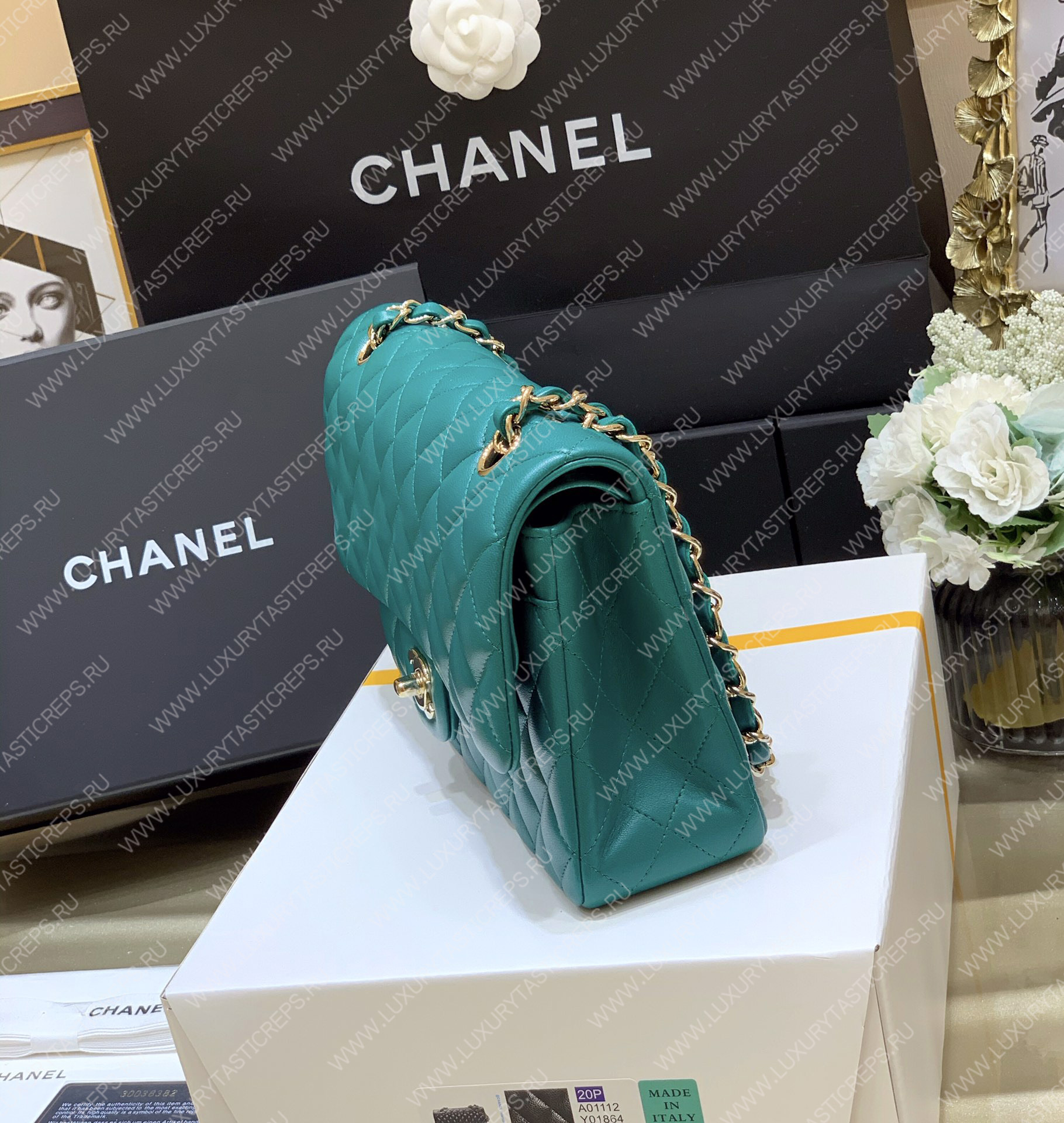 Ch*el classic handbag bag turqoise a01112