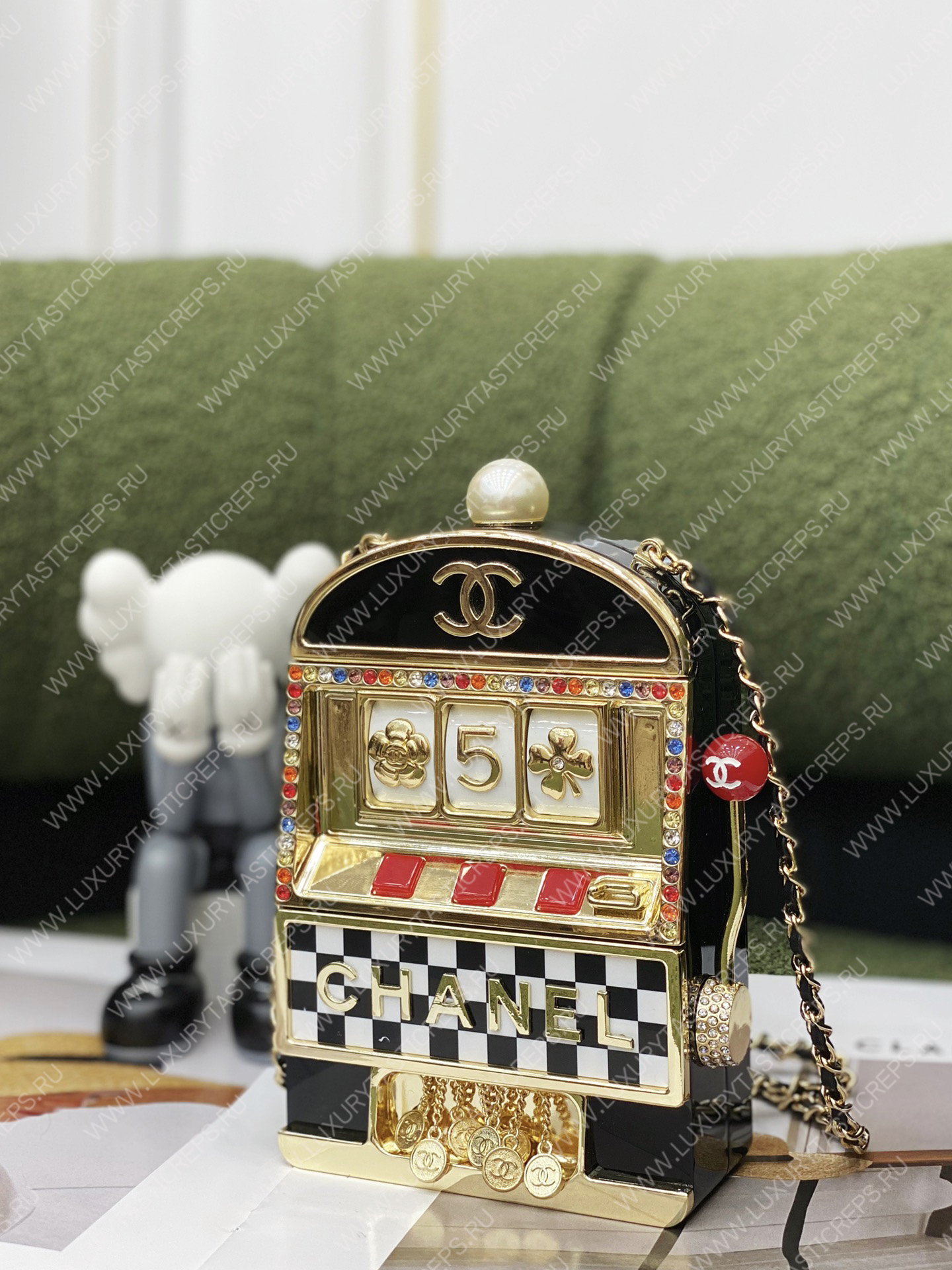Ch*el slot machine minaudiere bag black gold white & red as3715