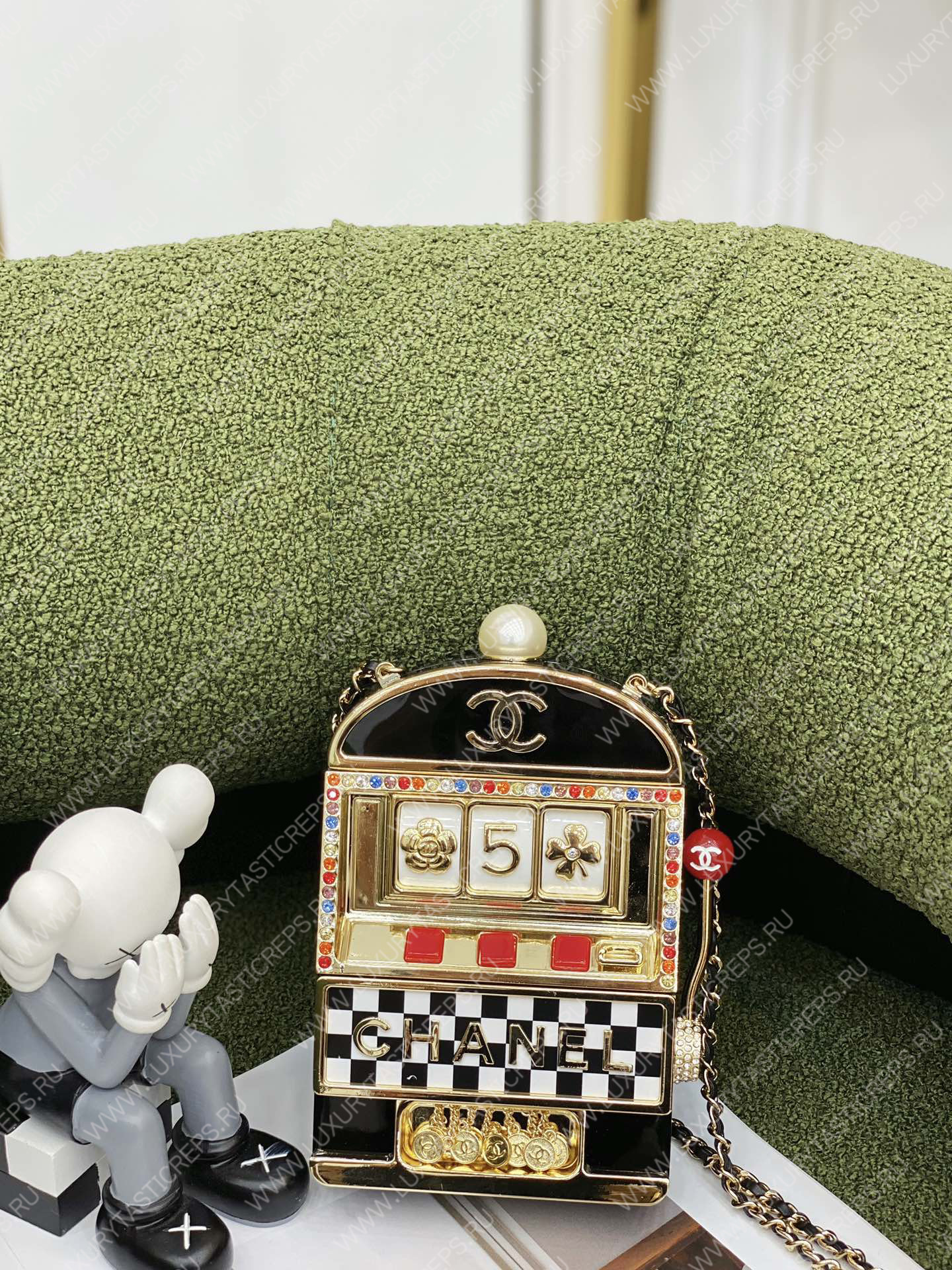 Ch*el slot machine minaudiere bag black gold white & red as3715