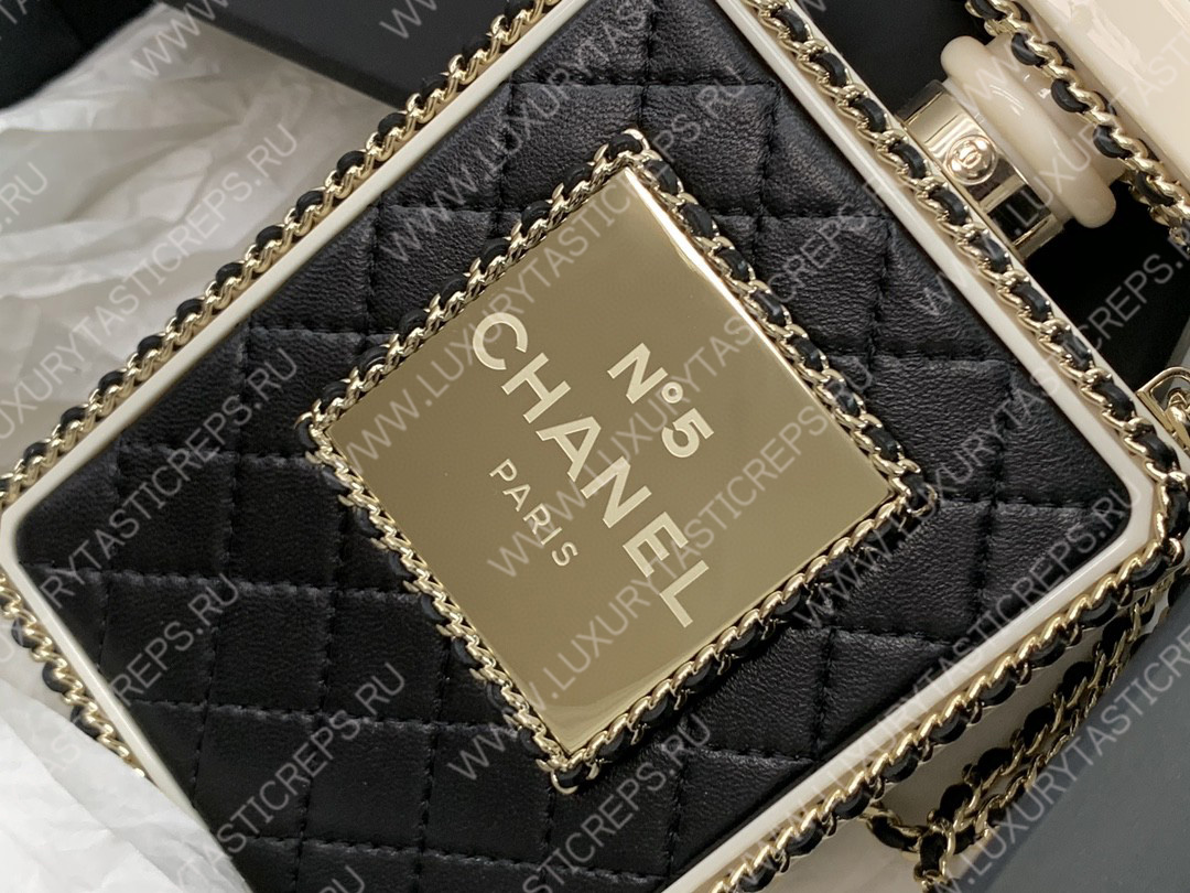 Ch*el evening clutch perfume bottle bag metal black as3246
