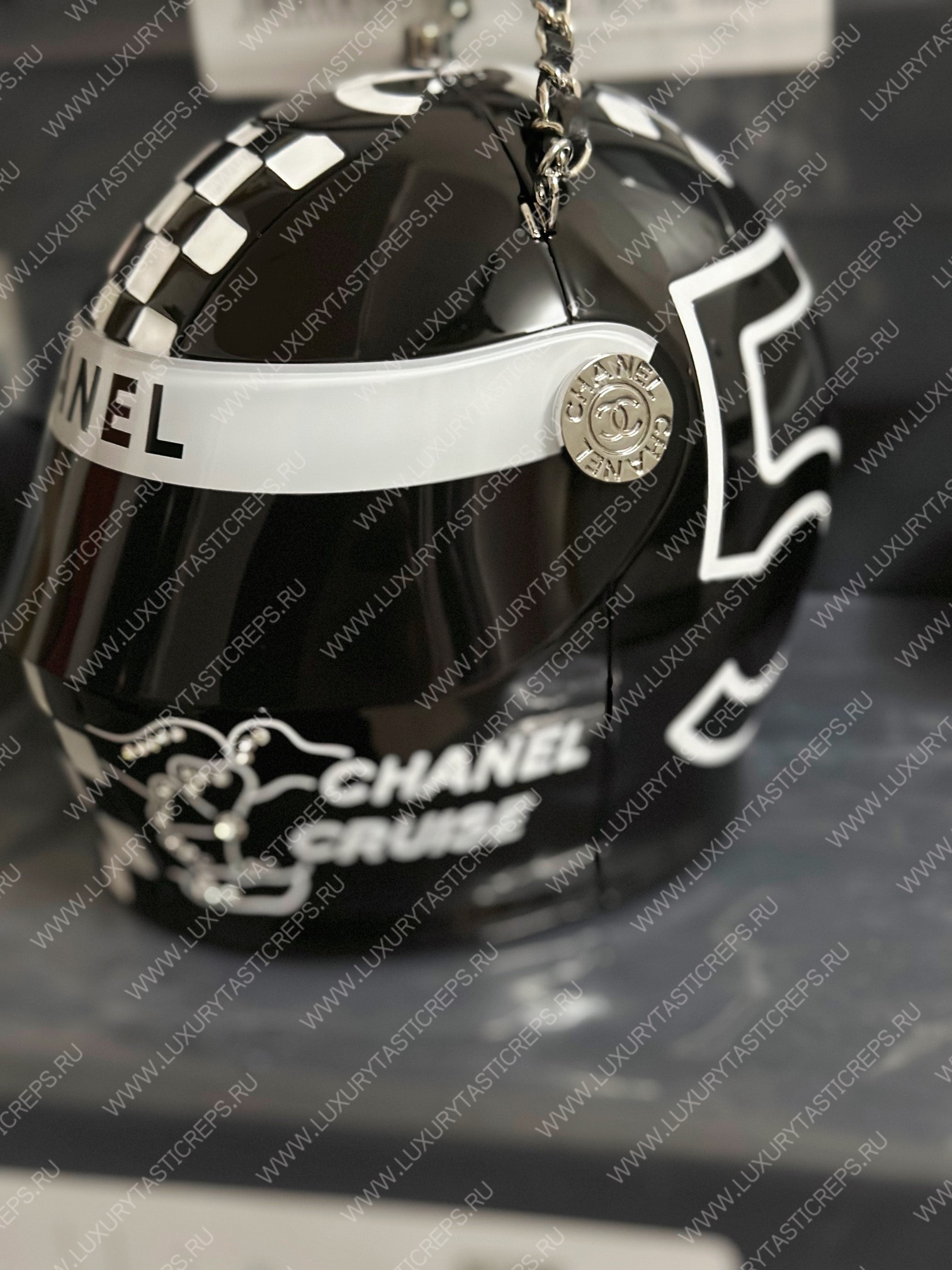 Ch*el helmet minaudiere black & white as3774