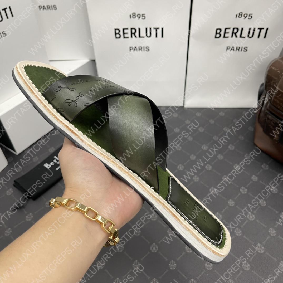 BERLUTI ELIO PATMOS LEATHER SANDALS OLIVE 811572