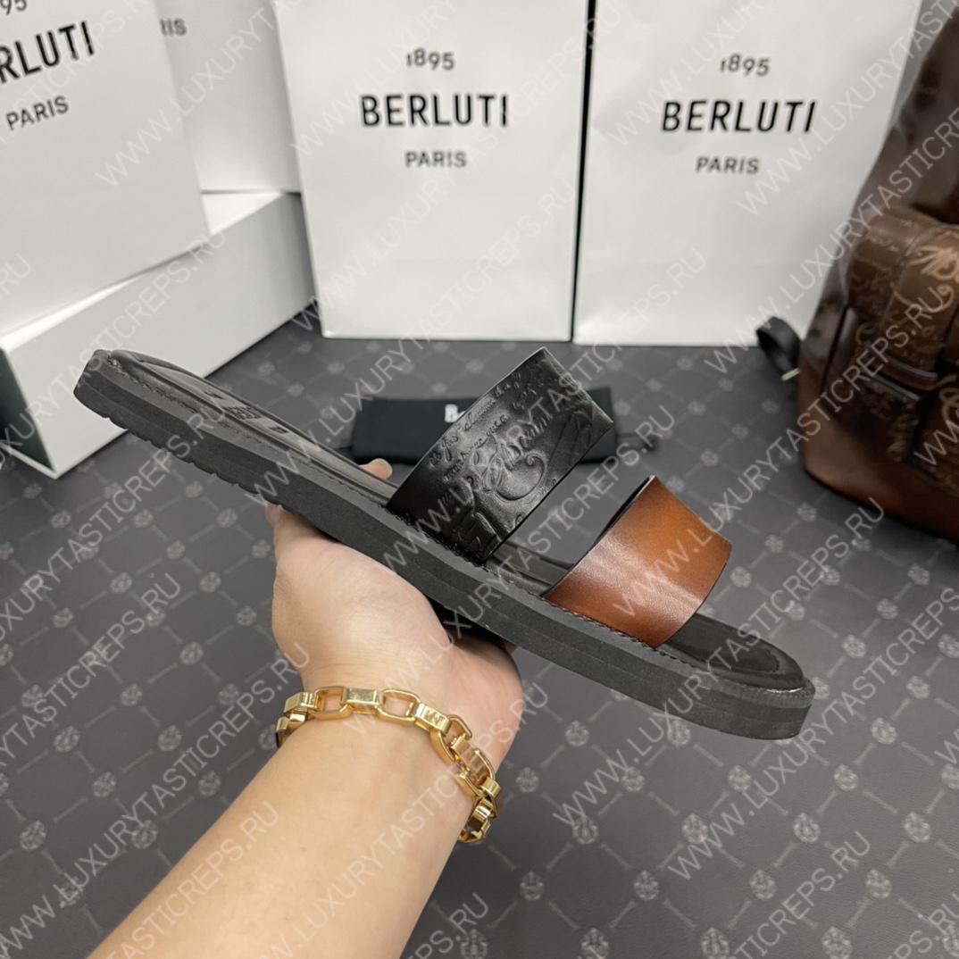 BERLUTI SIFNOS SCRITO LEATHER SANDAL BROWN & BLACK S5438-V33