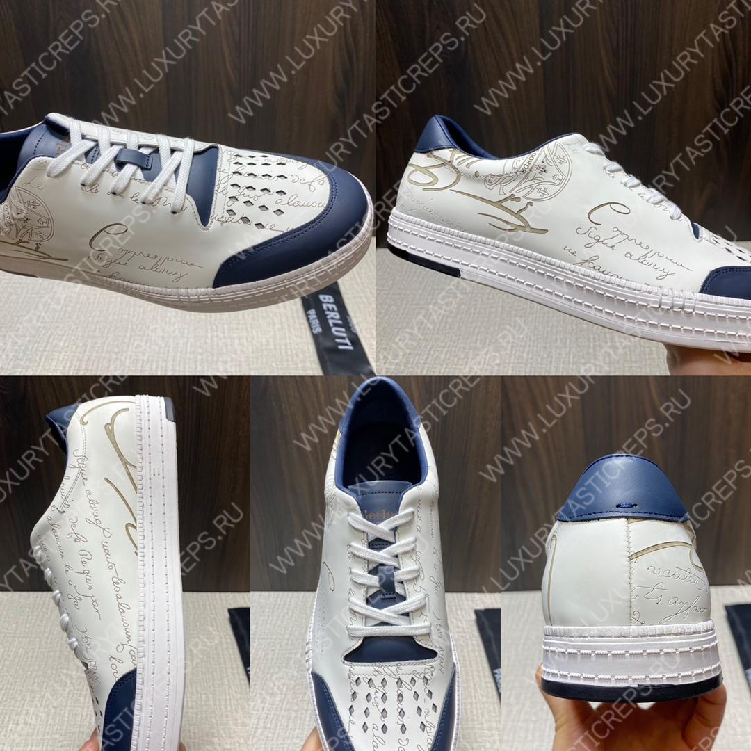 BERLUTI PLAYTIME SCRITTO SNEAKER WHITE AND BLUE S5304-V31