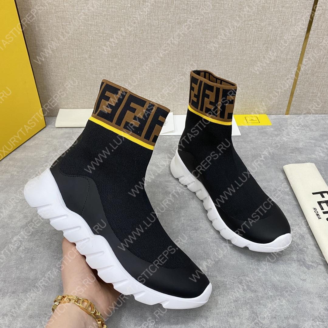 F**di men’s black high top sock sneakers shoes with zucchino ff logo black 409678