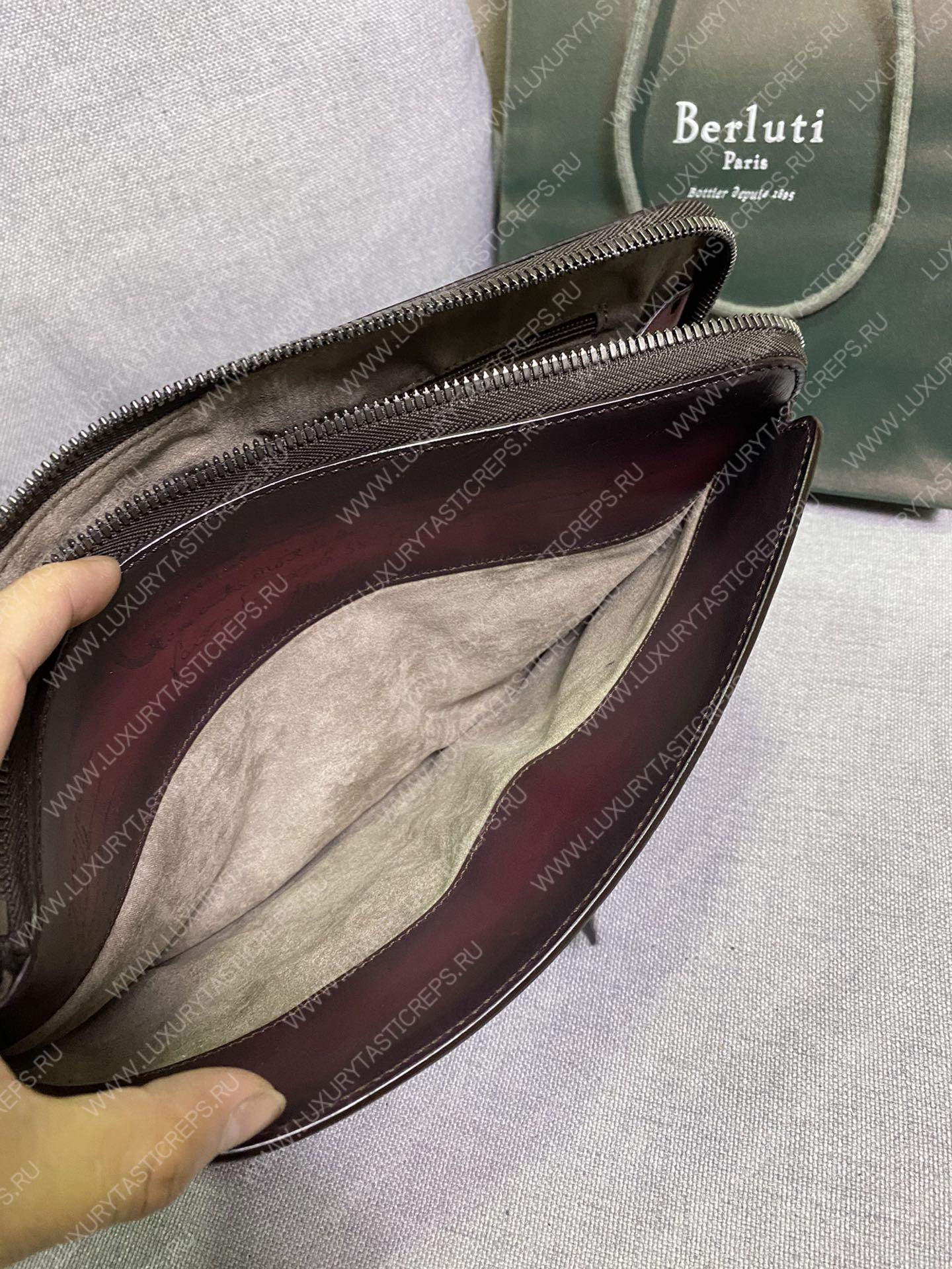 BERLUTI NINO TGM SCRITTO LEATHER CLUTCH BURGUNDY JOUR-V3